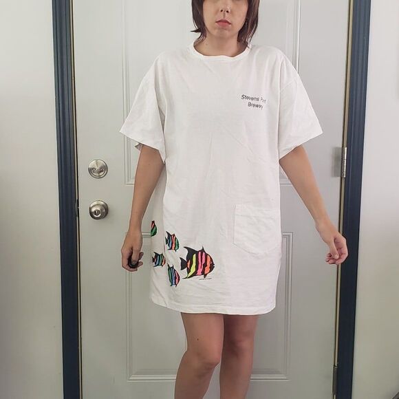 90s‎ White Nightshirt with Neon Tropical Fish - Picture 1 of 8